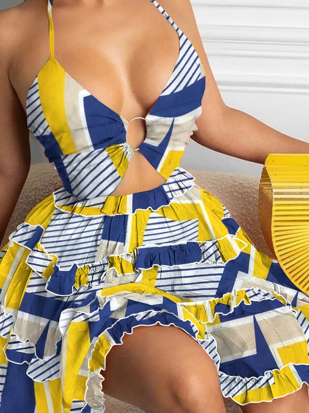 Colorful Print Halter Neck Ruffle Mini Dress - Picture 6 of 16